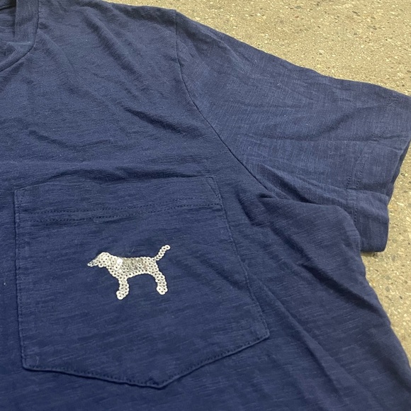 Navy Victoria's Secret PINK Sequin Shine Campus Short Sleeve Tee size Medium - Picture 7 of 8